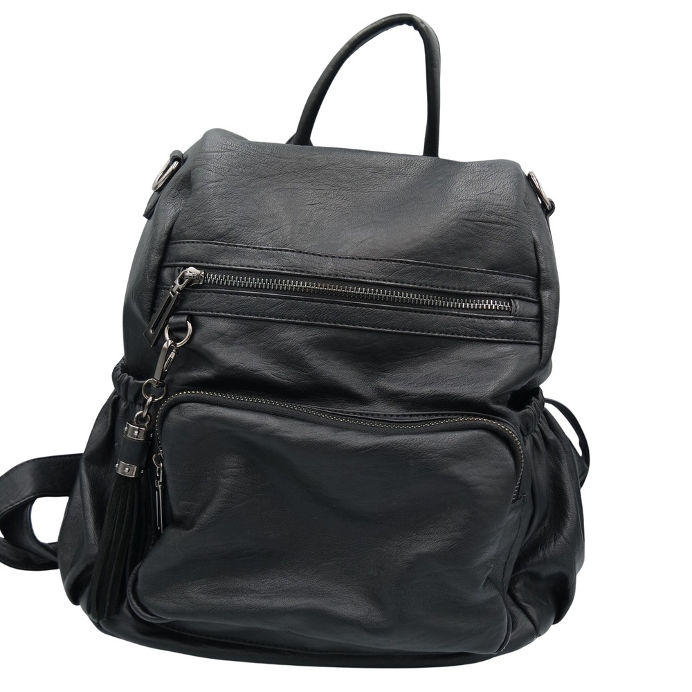 Black Vegan Leather Backpack Multi Pocket Tassel Accent Gunmetal Hardware Bag